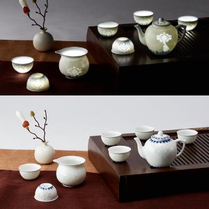 Jade White Traditional Knot Young Long Tea Set 8p
