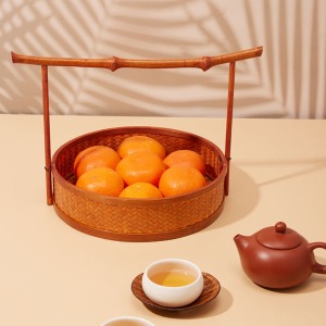 Bamboo art lacquered half-moon handle round basket 22 cm × 21 cm
