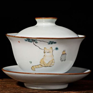 A cat that rests on the moon and white pottery.